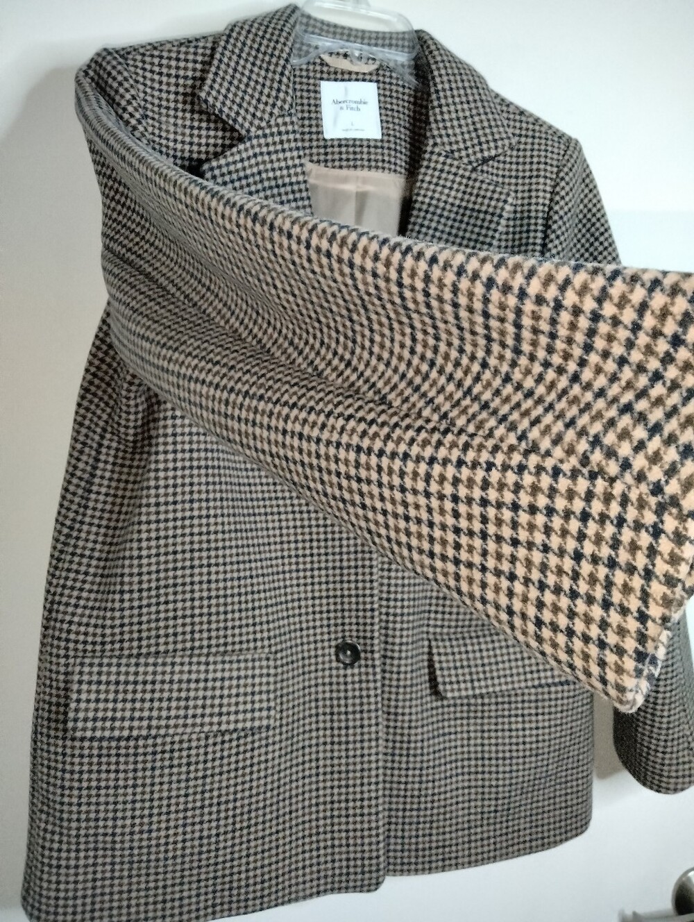 Abercrombie & Fitch (Size L) Wool Blend Houndstooth Blazer Jacket - Brown/Black - Picture 6 of 16